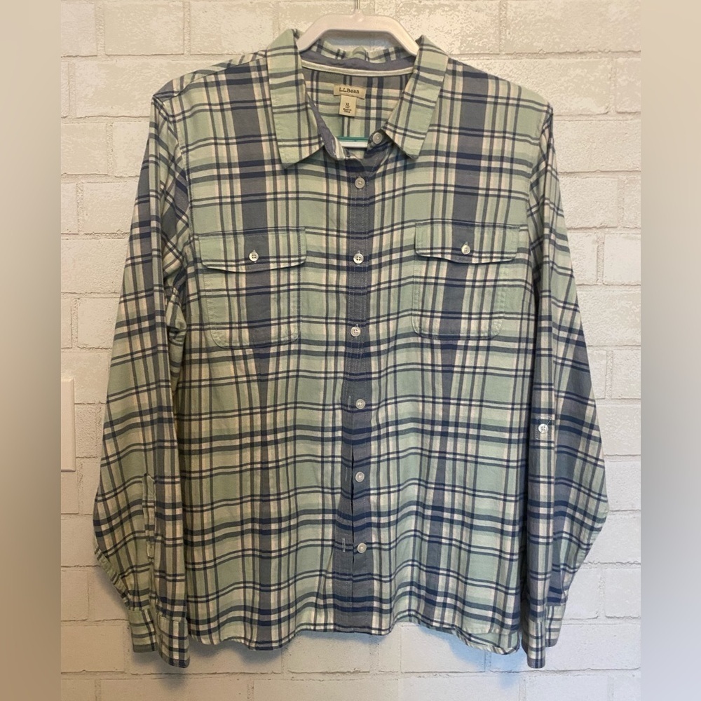 LL Bean Top Womens XL Blue Plaid Freeport Flannel Casual Outdoor Classic
